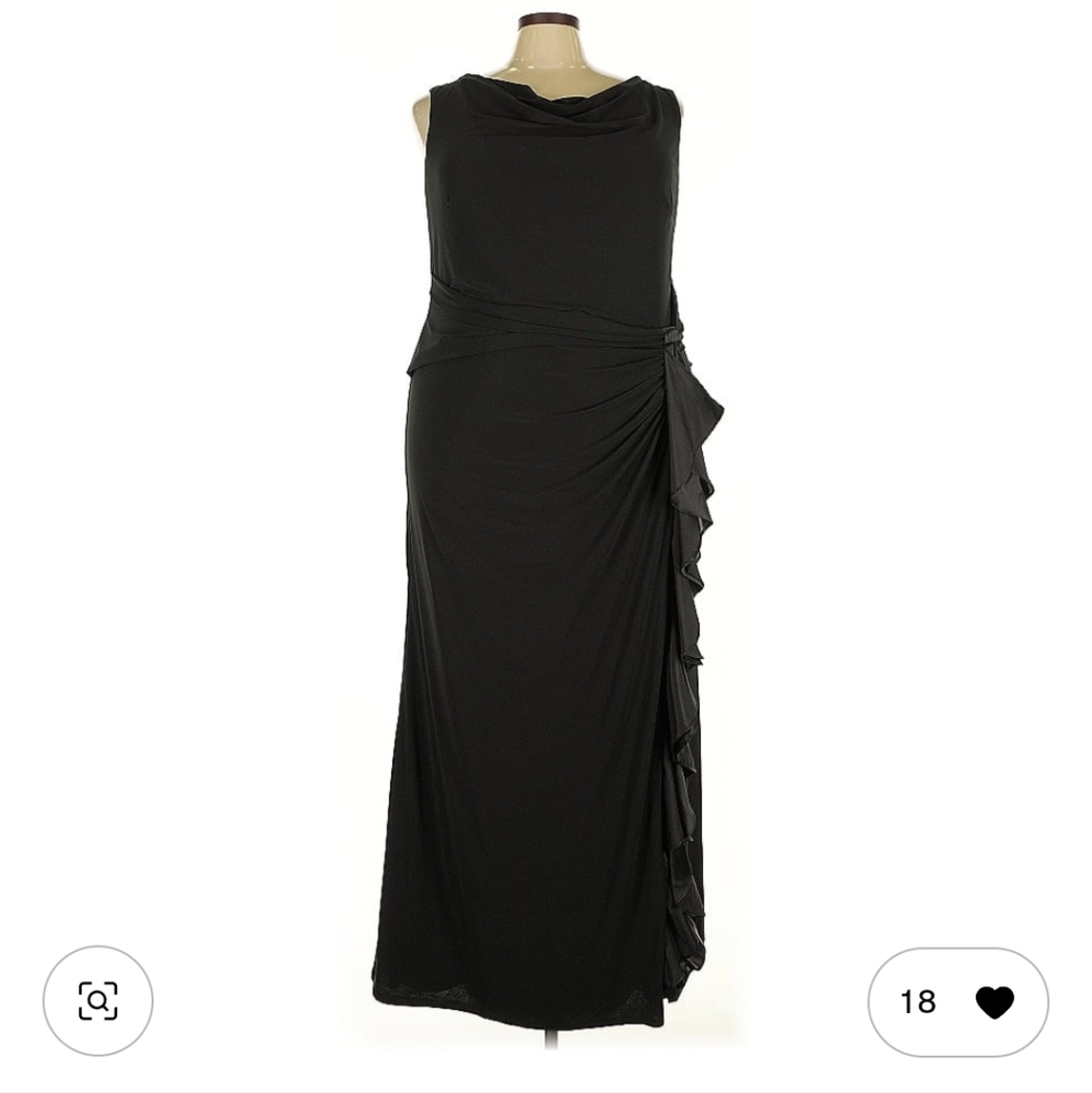 Betsy & Adam Black Maxi Dress with Cowl Neckline And Side Ruffle on Skirt